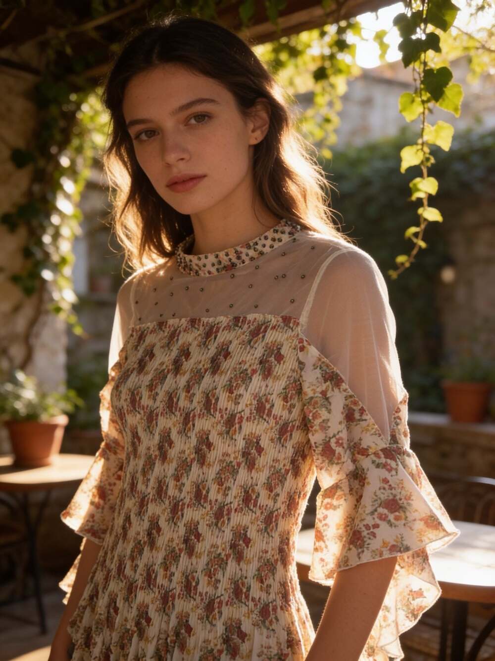 Pretty Angel Floral Print Pleated Smocked Mesh Top with Beaded Neck and Ruffle S